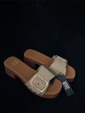 Size 9 Madden NYC Women's Tan Buckle Slide Mules